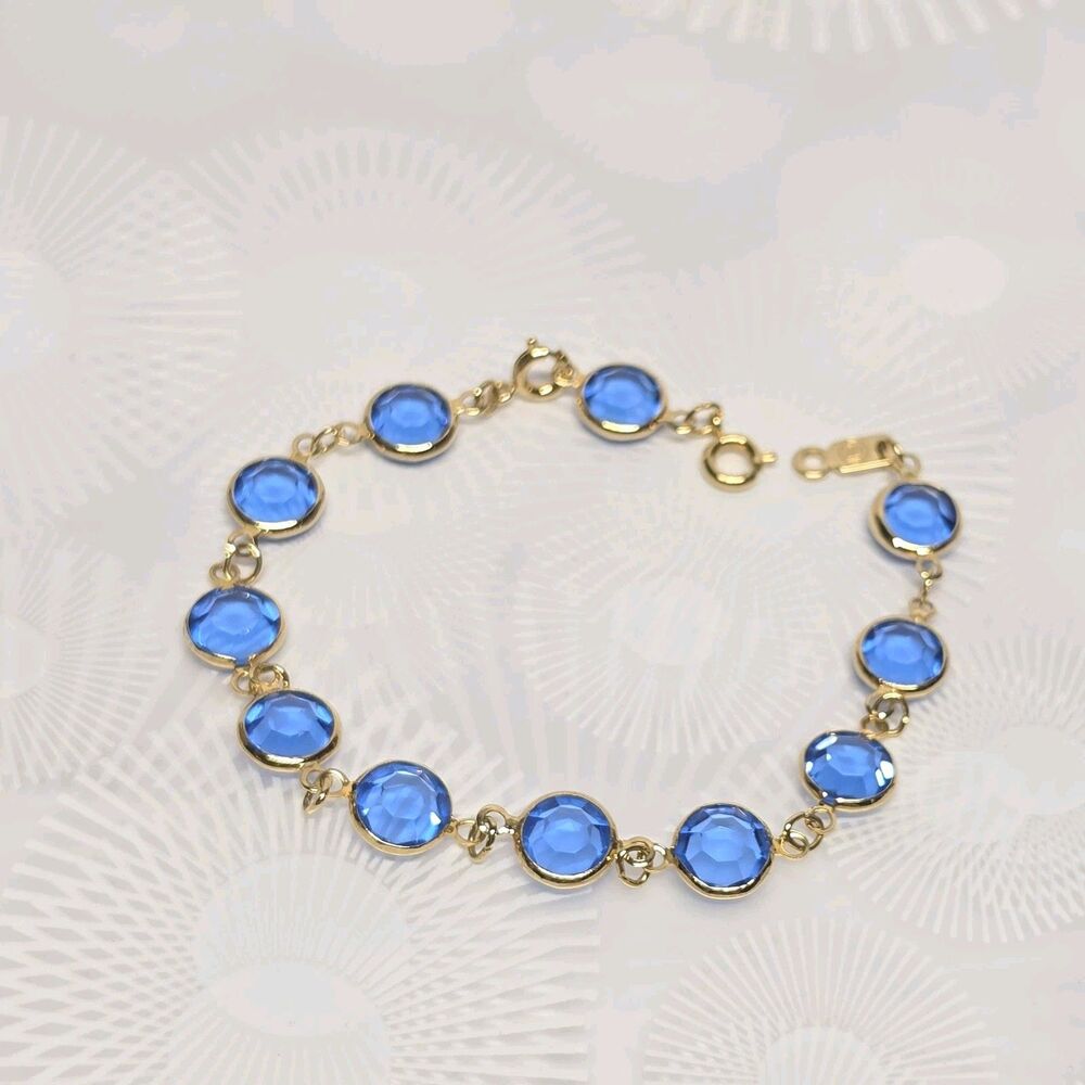Vintage Swarovski Blue Crystal Open Bezel Bracelet With Extender Swan Signed